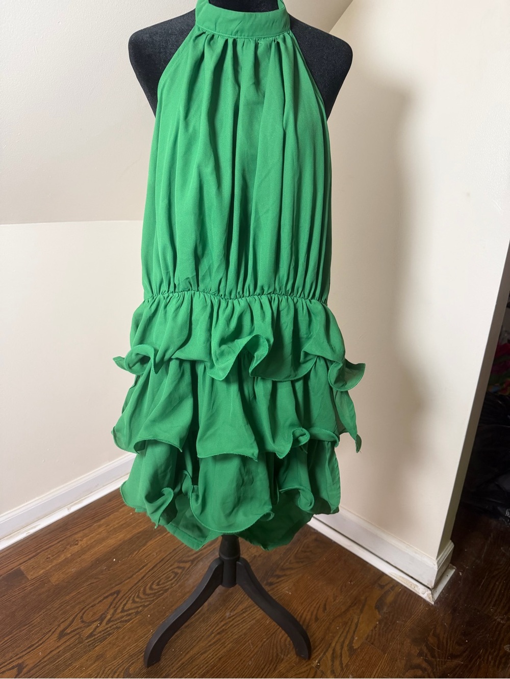 Green Halter Ruffle Tiered Dress